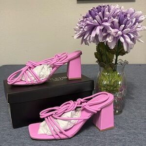 NIB PrettyLittleThing Women’s Sz 7 Pink Square Toe Strappy Block Heel Sandals